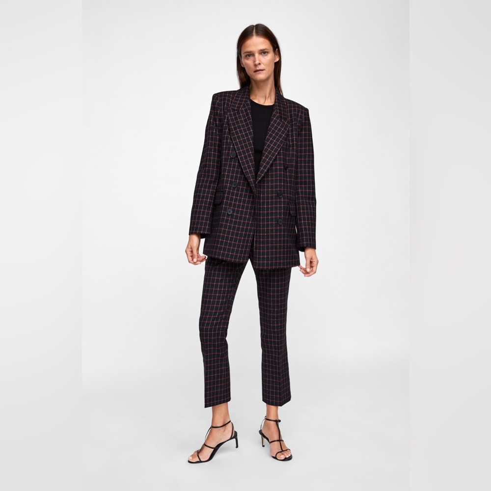 ZARA suit set - black & red plaid blazer (L) and matching trousers (XL)